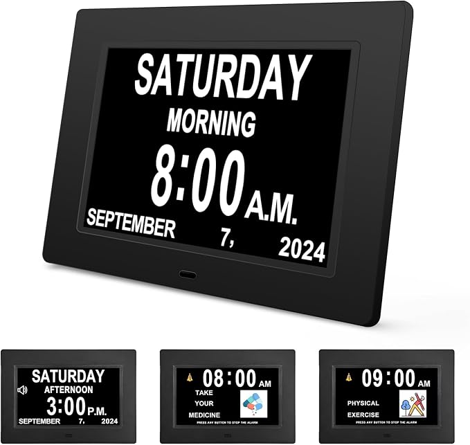 JALL 7" Large Digital Calendar Day Clock for Seniors 2026 - Easy to Read Alzheimer's Dementia Memory Loss Clock for Elderly with IPS Wide Angle，Day & Date, 12 Custom Alarms & Auto-Dimming, Black