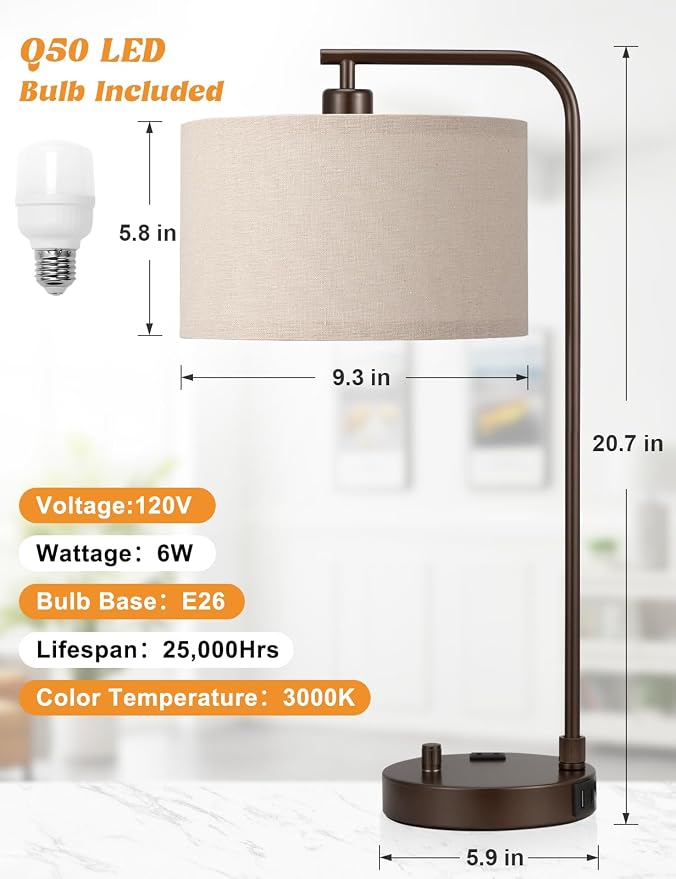 Innqoo Brown Table Lamp for Bedroom with USB Port and Outlet, Dimmable Nightstand Bedside Lamps with Linen Lampshade, Desk Lamp for Home Office, Living Room, Guest Room, LED Bulb Included