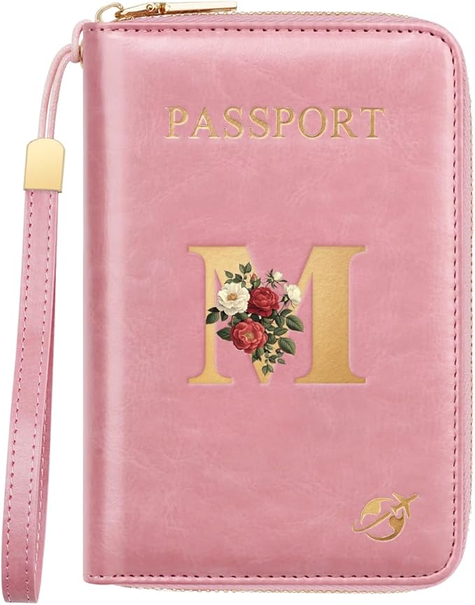 Passport Holder for Travel Personalized Wallet with Wristlet Women | All-in-One Passport Cover, RFID Blocking, Back Coin Pocket, Paper Money Slot, Zipper Closure, Roses Initial Letter, Pink M