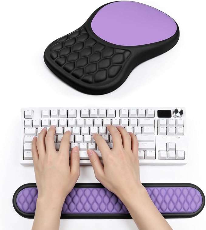 Wrist Rest for Computer Keyboard and Mouse Pad Set with Massage Design | Ergonomic Memory Foam Wrist Support Mouse Pad for Pain Relief,Easy Typing,Desk Wrist Pad for Office Home(2-in-1 Black+Purple)