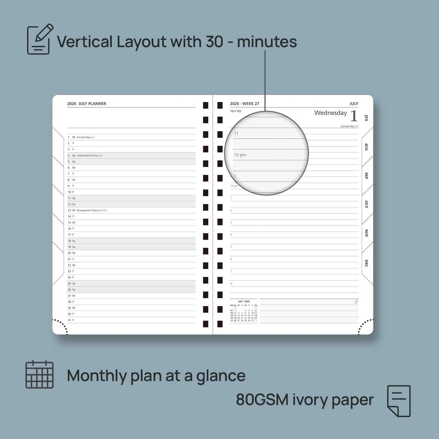 POPRUN 2026 Daily Planner One Page A Day - [8.5" x 5.75" Wire-Bound Hard Cover] Agenda 2026 Hourly Appointment Book with Monthly Calendar, Inner Pocket, Ivory Paper - Navy Blue