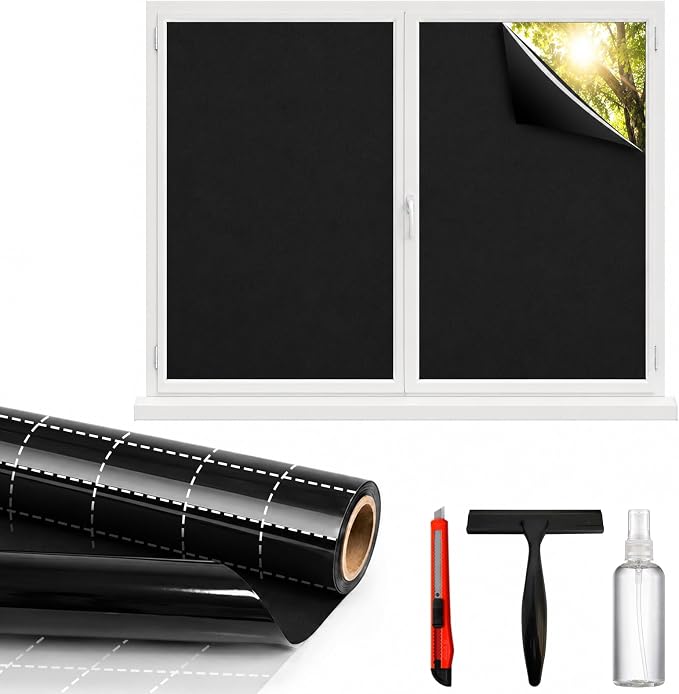 Blackout Window Privacy Film, Removable Window Cover Static Cling, Darkening Light Heat Blocking, Window Tint for Home Garage Bedroom Day Sleep, Black 29.5 Inch * 157.4 Inch