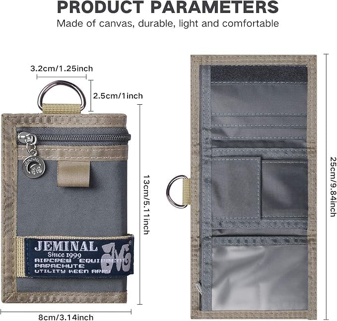 JEMINAL Trifold Canvas Wallet for Men Outdoor Sports Wallet with Keychain, Multiple Card Slots, ID Window, Lightweight Nylon Casual Wallet, Grey