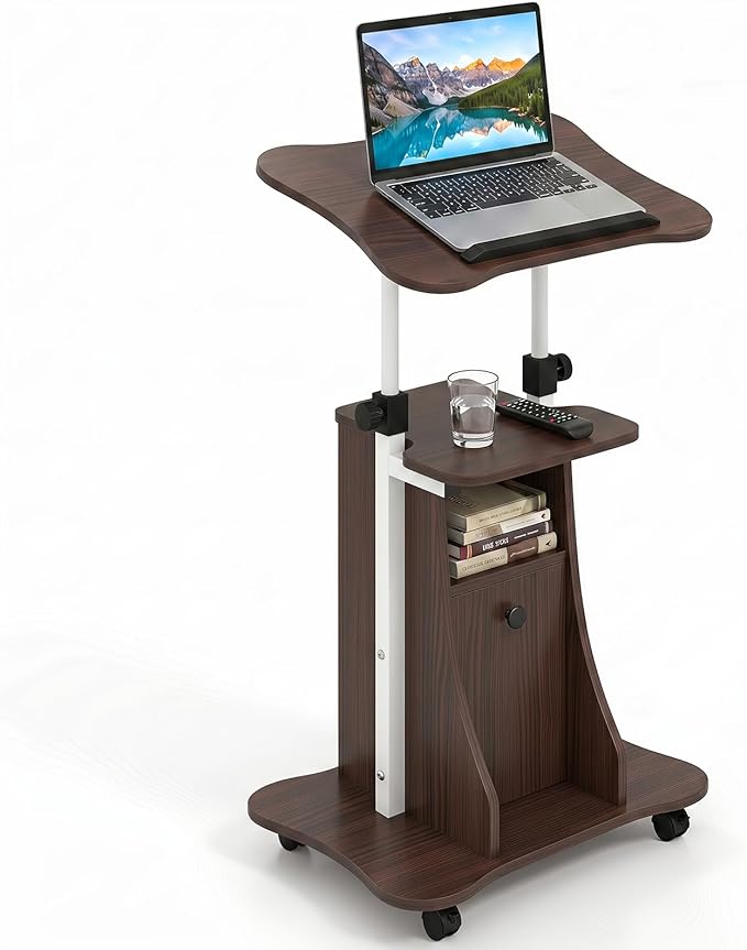 Tangkula Rolling Lectern Podium Stand, Height Adjustable Laptop Table with Tilting Tabletop & Storage Shelves, Compact Standing Desk with Lockable Casters for Home Office School (Brown)