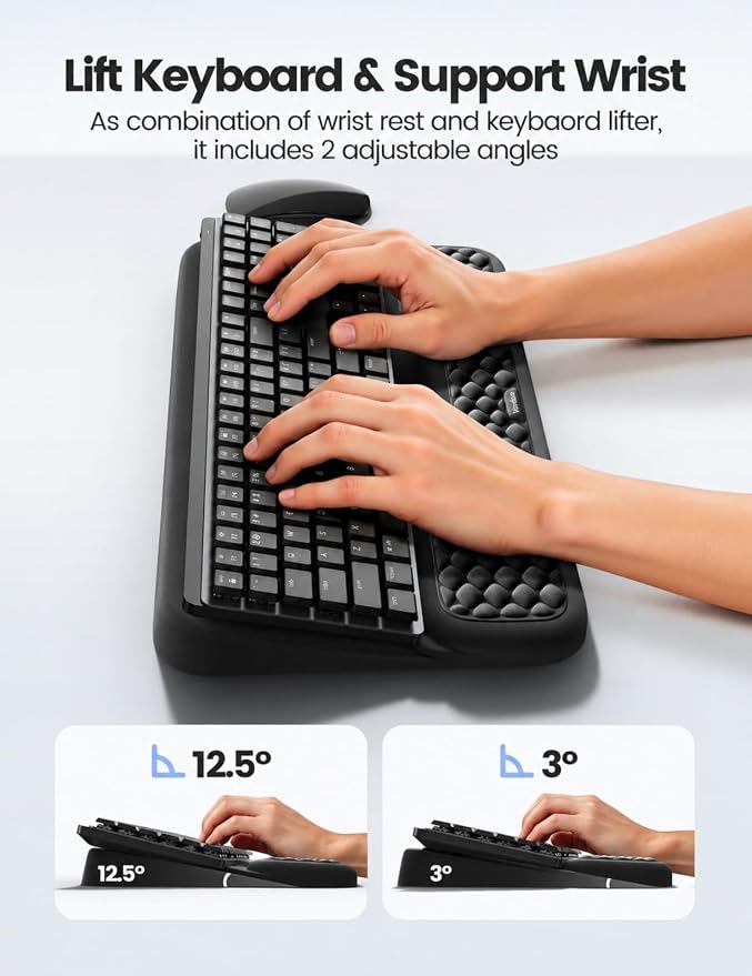 Vaydeer Wrist Rest with Keyboard Stand, Computer Wrist Support Pad, Ergonomic Keyboard Riser Holder Lift Tray with Wrist Pad, Soft Memory Foam Desk Cushion, Palm Hand Typing for Office Home Gift-Black