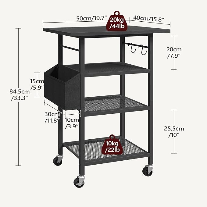 MAHANCRIS 4-Tier Printer Stand, Rolling Printer Table on Wheels, Industrial Storage Stand with Side Pocket, Wooden Tabletop, 2 S-Shaped Hooks, for Home Office, Black PTBK2601