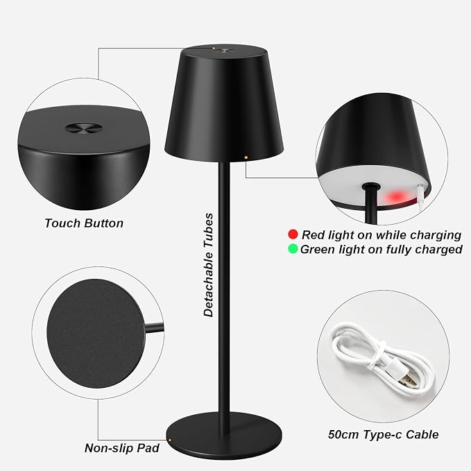 Kakanuo Cordless Table Lamp Rechargeable Black - KK 2 Pack 5000mAH Battery Operated Lamp for Counter, 3 Color Stepless Dimming Wireless Lamp for Dining Kitchen, Outdoor Patio, Touch Control