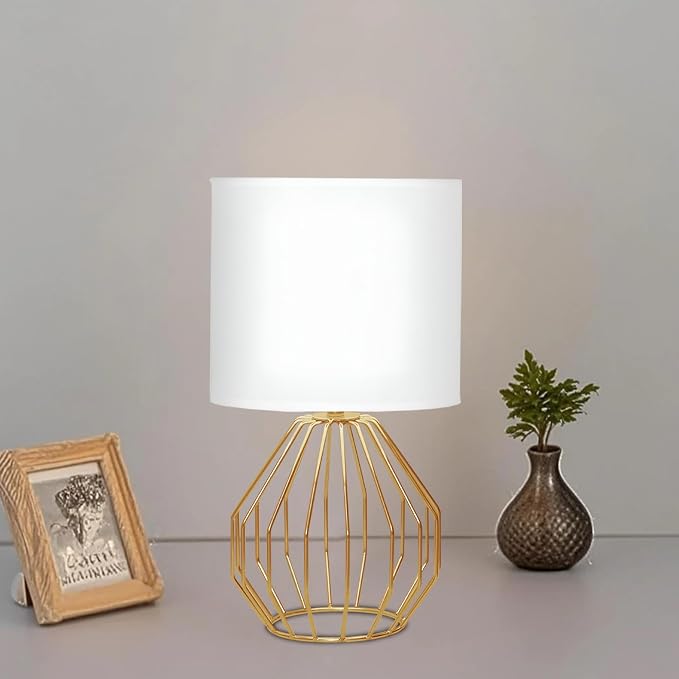 Small Gold Table Lamps, Set of 2 Bedside Nightstand Lamps with White Fabric Shade, Metal Base, Hollow Geometric Desk Lamps for Bedroom, Living Room, Office