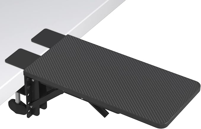 BONTEC Desk Extender Tray, 11.8 x 5.9 Inch, Black Carbon Fiber | 90° Foldable Elbow Support, Table Mount Arm Wrist Rest Shelf, Clamp on Computer Arm Rest, Easy to Install, Office & Home Use