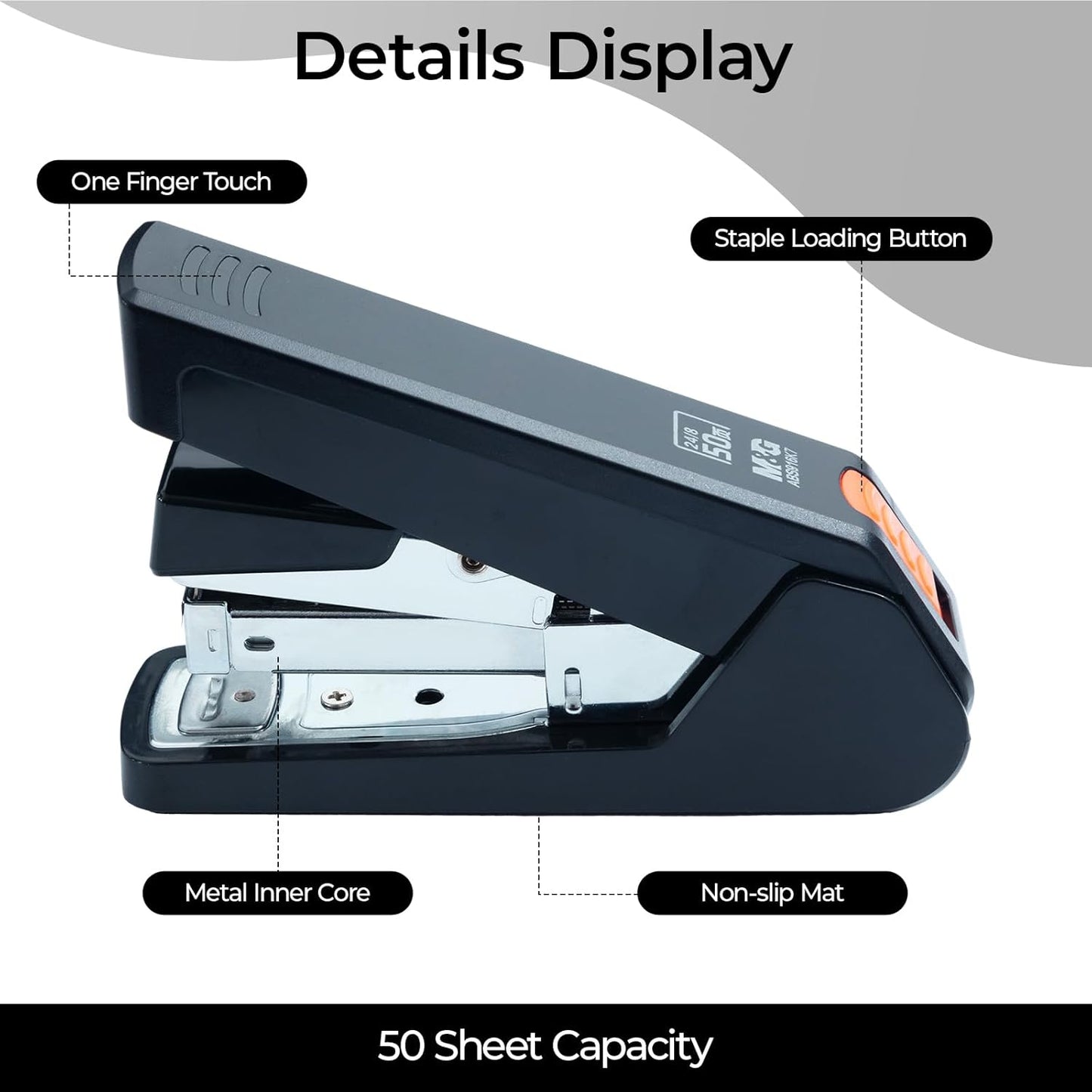 M&G Effortless Stapler 50 Sheet Capacity One-Touch Stapling, Heavy Duty Desktop Stapler Includes 1000 Staples and Remover, Portable Handheld Staplers for Home & Office (Black)