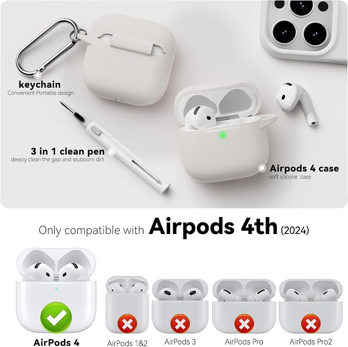 for AirPods 4 Case 2024 with Cleaner Kit & Keychain-Stone | Silicone Protective Cover for Apple AirPods 4th Generation Case,for Women Men,One-Piece Design,Shockproof,Dust Proof
