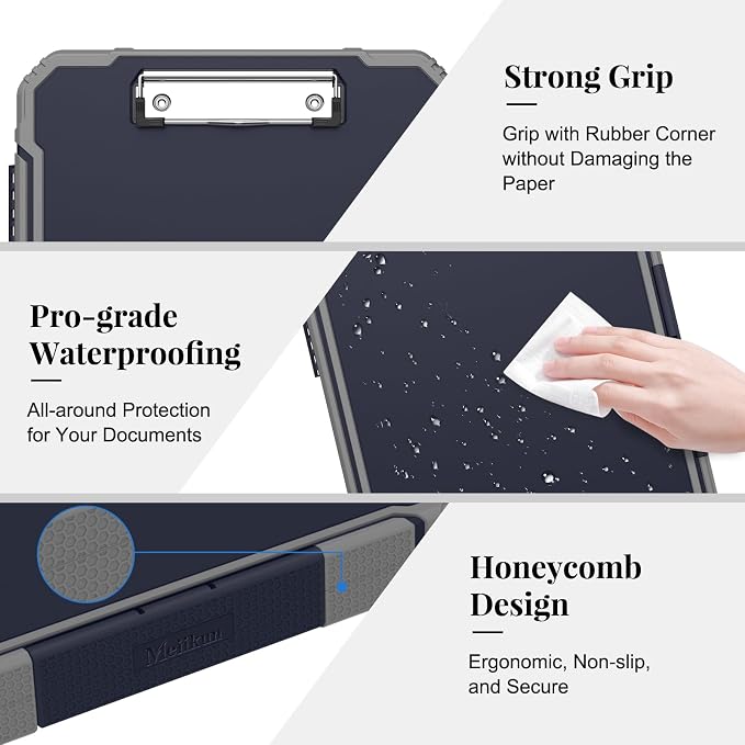 Meiikun Clipboard with Storage, Rugged Shockproof Protective, Internal Pen Pouch & Metal Clip, Heavy Duty Plastic Clip Boards 8.5x11, High Capacity Contractor Folder for School Office (Navy)