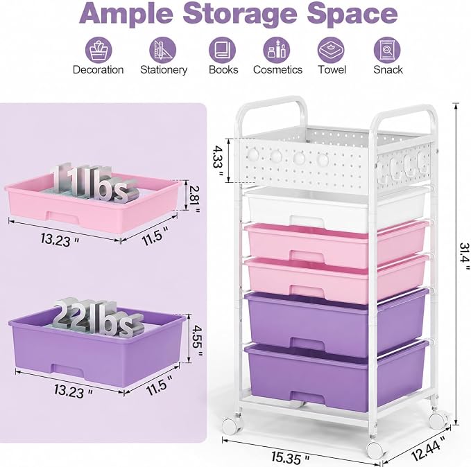 5 Drawer Rolling Storage Cart with Pegboard Top and Hooks, Dreamy Color | Mobile Organizer Cart with Wheels for Office Supplies, Craft Storage, Classroom Organization, Home Utility Cart
