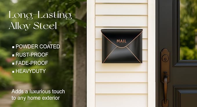 NACH Black Mailbox Wall Mount, 11.5 x 9 x 4.5 inch Wall Mount Mailboxes for Outside, Waterproof Mailboxes for Outside - Envelope Mailbox