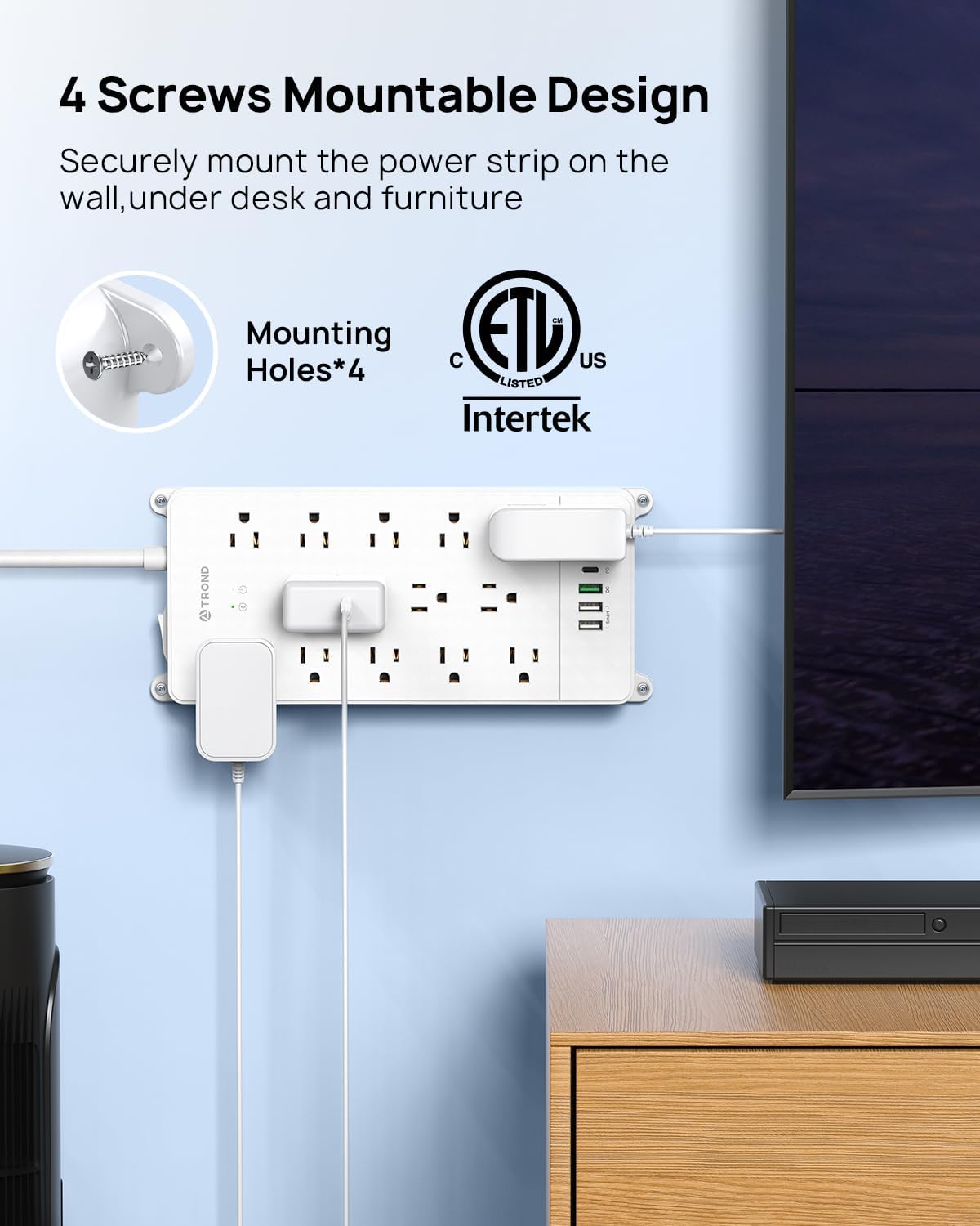 TROND Surge Protector Power Strip 10 ft, Flat Plug Long Extension Cord, 13 Wide Spaced Outlets, 4000 Joules, 32W Quick Charge 3.0 & USB C, Wall Mount, Under Desk, Heavy Duty, ETL Listed, White