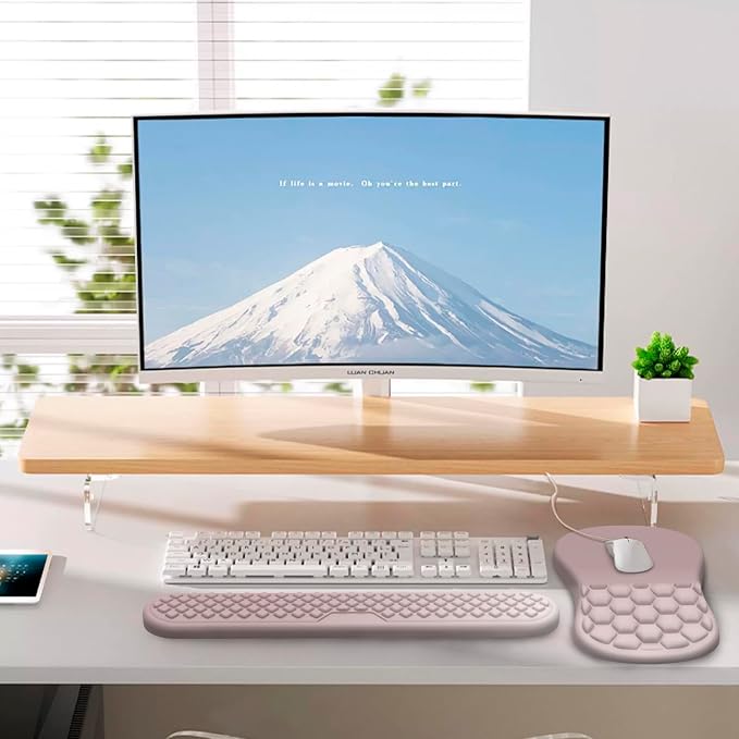 Ergonomic Mouse Pad Wrist Support, 2 in 1 Keyboard Wrist Rest Set | Memory Foam, 15° Ergonomic Slope, Massage Bead Design, Non-Slip PU Base, Lycra Fabric, for Office & Gaming, Gradient Pink