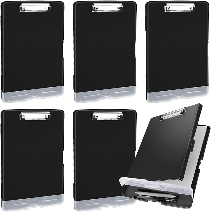 Crtiin 6 Pcs Colored Clipboard with Storage, 8.5 x 11 Inch Heavy Duty Plastic Nursing Clipboard Folder with Pen Holder A4 Medical Holder for Nurse Doctor Teacher Office, Organization (Black)