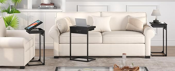 sthmec C Shaped End Table with Charging Station,45° Tiltable Adjustable Flip Top Side Table Set of 2,Small C Table Set 2 for Small Spaces,Slide Under Couch Sofa Bedside Table Living Room, Black