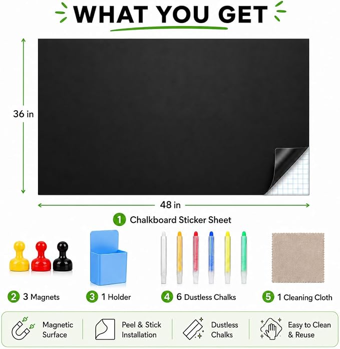 Magnetic Chalkboard 36"x48" for Wall Chalk Board Sticker | Peel & stick magnetic contact paper for walls. Magnet receptive sheet holds magnets, perfect for office or drawing.