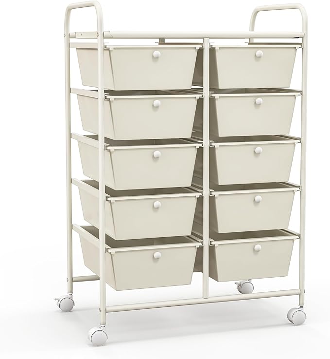 COSTWAY 10 Drawer Rolling Storage Cart, Utility Cart with Lockable Wheels | Mobile Art Supply Craft Organizer with Metal Frame, Multipurpose Drawer Cart for Paper for Office, School, White