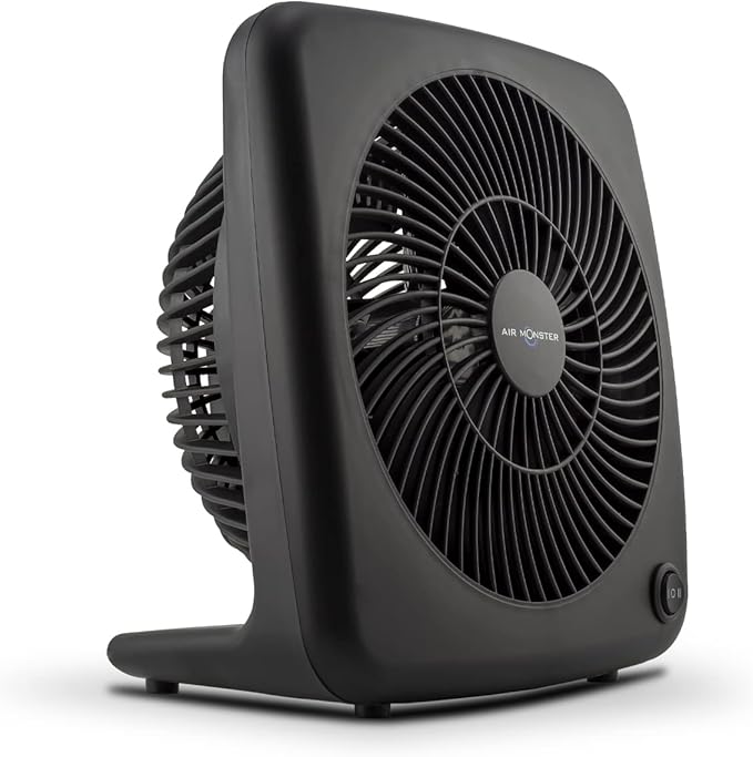 Air Monster 7 Inch 2 Speed Compact Desktop Table Top Personal Box Fan, Space Saver, High Performance, Turbo Force, Fully Assembled, Matte Black