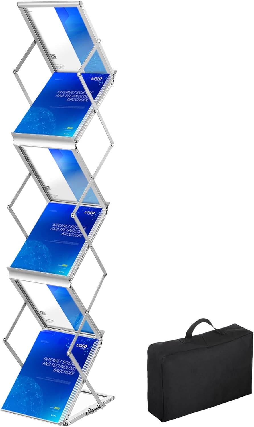 VEVOR Literature Rack, 6 Pockets, Pop up Aluminum Magazine Rack, Lightweight Catalog Holder Stand w/Carrying Bag for Living Room, Hotel, Trade Show, Exhibition, Office