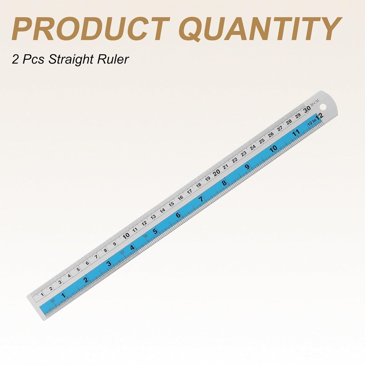 HARFINGTON 2pcs Metal Straight Ruler 30cm Metric SAE Aluminum Alloy Measuring Rulers Scale Tools with Hole for Measure Study Reading Classroom Office, Blue