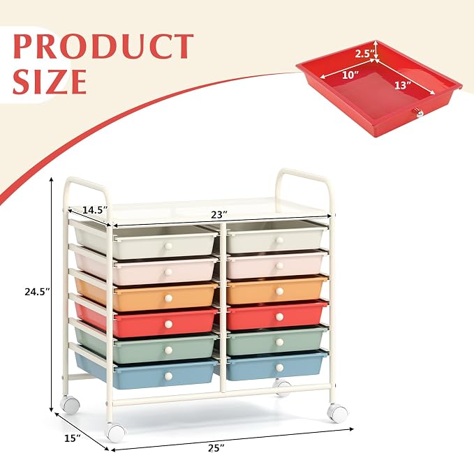 COSTWAY 12-Drawer Rolling Storage Cart, Utility Storage Organizer Cart | For Tools, Scrapbook, Paper, Craft, Multipurpose Art Supply Organizer on Wheels for Home Office School, Teacher, Macaron