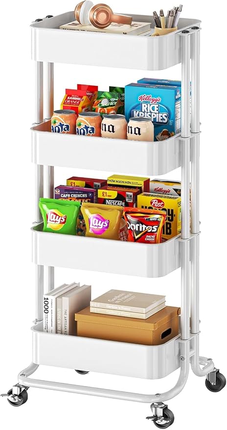 Pipishell 4 Tier Metal Rolling Utility Cart with 2 Lockable Wheels, White | 360° Rotating Wheel, Heavy-Duty Steel, Sturdy Dual Columns, Ventilated Mesh, Hold 22 lbs per Shelf, for Kitchen & Living Room