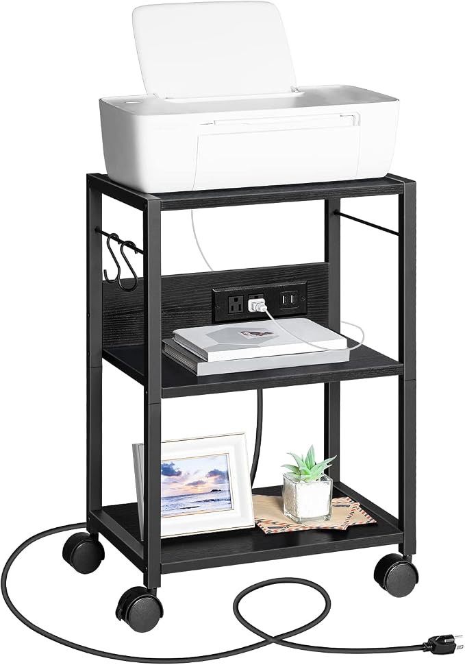 MAHANCRIS Industrial Printer Cart, 3-Tier Mobile Printer Stand, Rolling Cart with Power Outlets and USB Ports, Home Printer Stand with 2 Hooks, for Office, Living Room, Black PTHB40E01