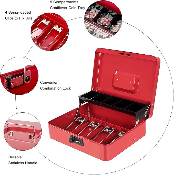 Cash Box with Money Tray and Combination Lock Metal Money Box for Cash Tiered Lock Box for Money 11.8" x 9.4" x 3.54" Red