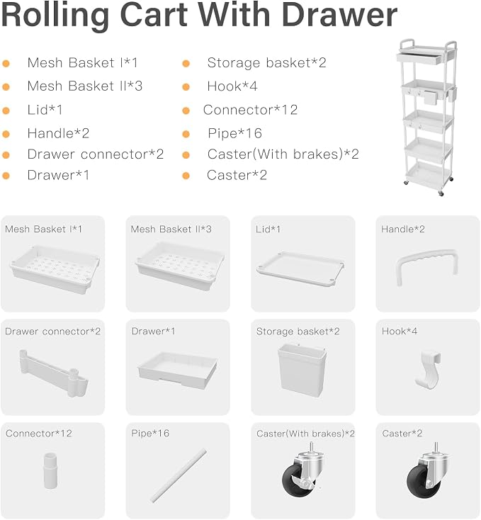 5 Tier Rolling Utility Cart with Drawer,REBECAT Utility Cart Made of Multifunctional Storage Organizer Tool for Kitchen,Bathroom,Living Room,Office(White)