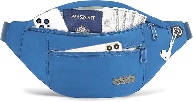 Large Blue Crossbody Fanny Pack for Women Men Belt Bag Fit All Phones | 4-Zipper Pockets,Nylon,Fashion,Gifts for Enjoy Sports Yoga Running Workout Walking Casual