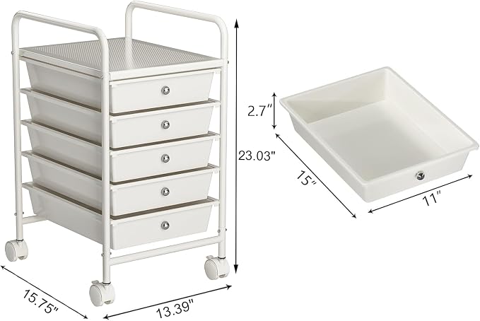 Rolling Storage Cart with Drawers 5-Tier Lock Wheels Office White | Utility Cart with 5 Drawers & 2 Lockable Caster, Multipurpose Mobile Drawer Cart for School Bathroom Kitchen