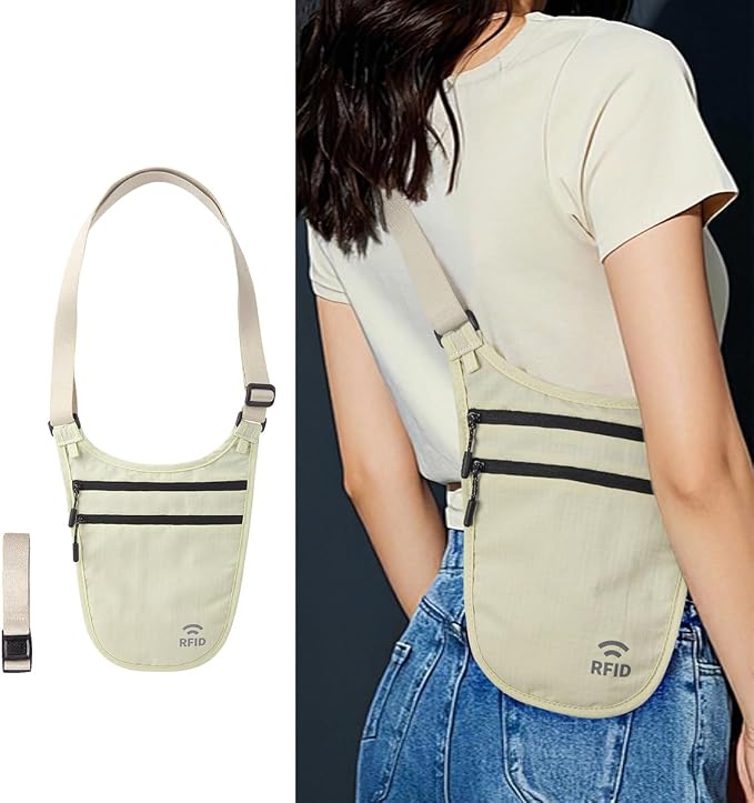 Money Belt for Travel, RFID Blocking Hidden Neck Wallet & Passport Holder | Unisex dual-strap + RFID, slim breathable, 3-compartment holds 4 passports+2 phones, durable YKK, water-resistant.