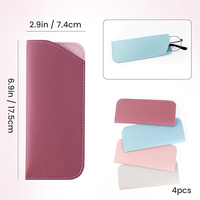 yuntop 4 Pack Soft Leather Glasses Case 7x3 Inch Eyeglasses Pouch Portable PU Leather Glasses Pouch
