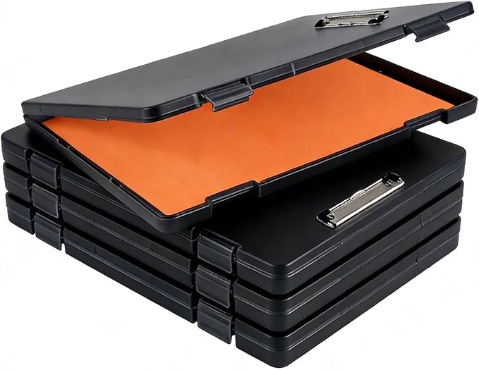 Letter Size Clipboard with Storage 8.5 * 11, Plastic Black Clipboard File Box with Side Opening A4 Nursing Clip Board for School & Office with Christmas Stickers (Black)