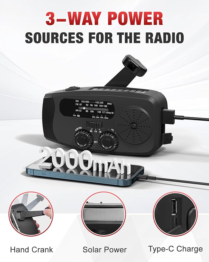 Hand Crank Radio with AM/FM/NOAA Weather Bands,for Emergencies, Camping | 3 LED Flashlights,SOS Function,Solar Powered,Hand Cranked, 2000mAh/7400mWh Charger,for Power Outage - Black