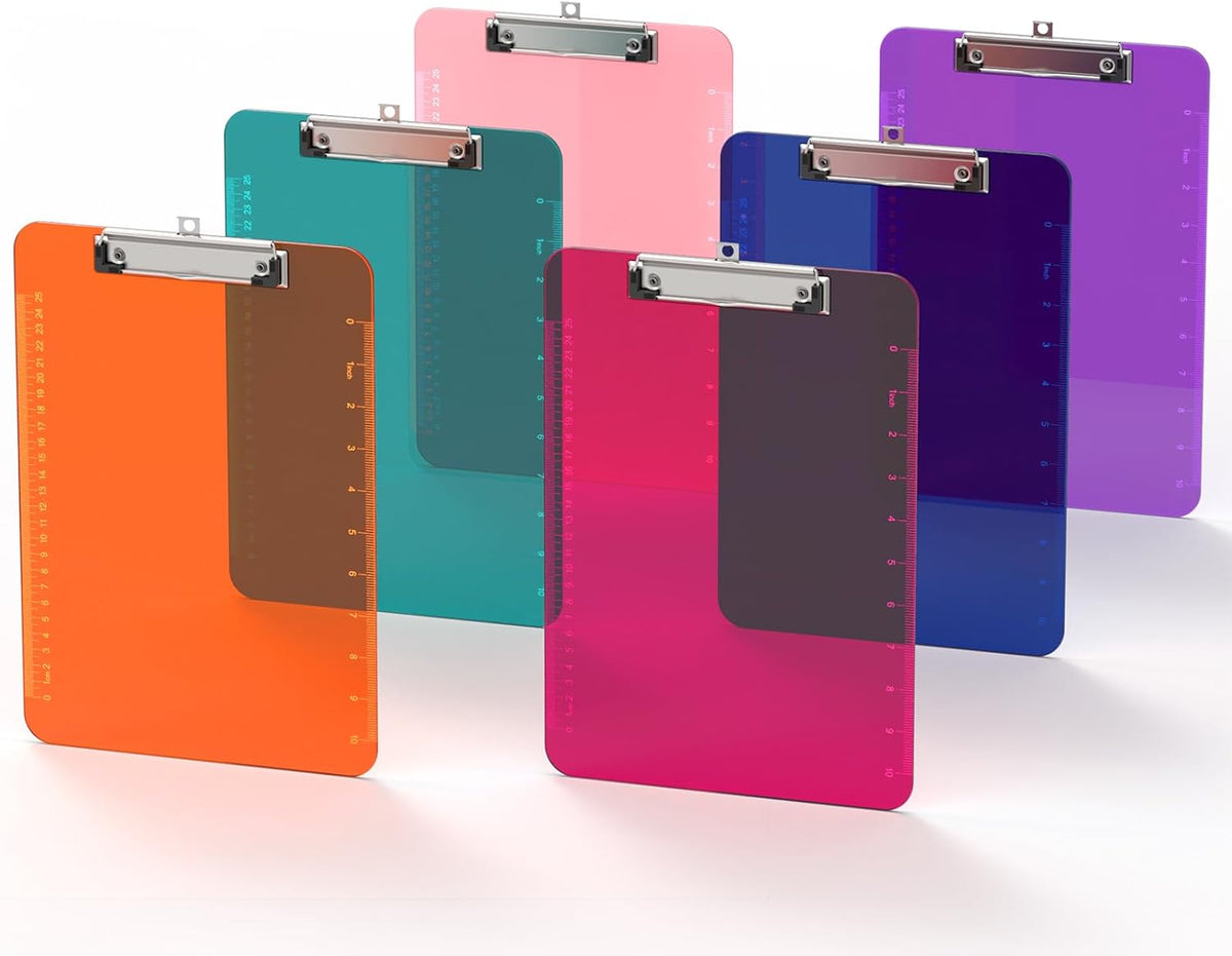 Bulk Clipboards Set of 6, 8.5x11 Plastic Colored Clear Clip Board with Ruler, Suitable for Classroom, Students, Kid, Size 9" x 12.5" with Low Profile Clip, Office & School Supply