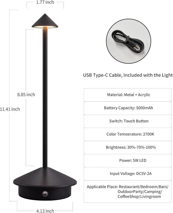 Modern Cordless Table Lamp Set of 2, Black Portable LED Desk Lamps | 5000mAh, Rechargeable, Battery Operated Lighting for Bedroom, Dining Room, Restaurant, Coffee Shop, Camping, Night Light