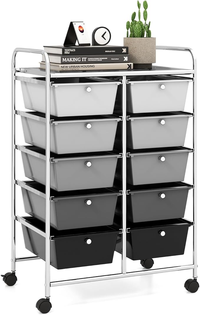 10 Drawer Rolling Cart, Storage Cart Organizer on Wheels, Drawer Cart with Metal Frame & Large Storage Capacity, Rolling Cart with Drawers for Living Room Classroom, Office
