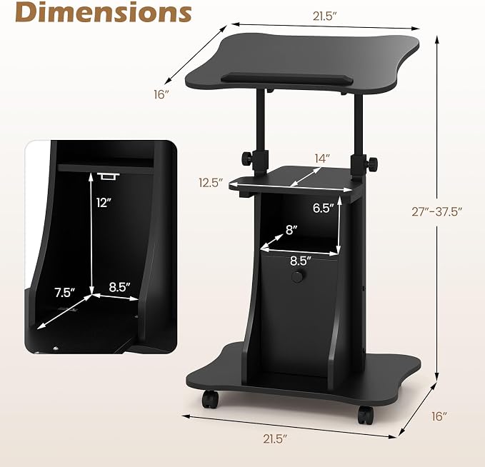 Tangkula Rolling Lectern Podium Stand, Height Adjustable Laptop Table with Tilting Tabletop & Storage Shelves, Compact Standing Desk with Lockable Casters for Home Office School (Black)