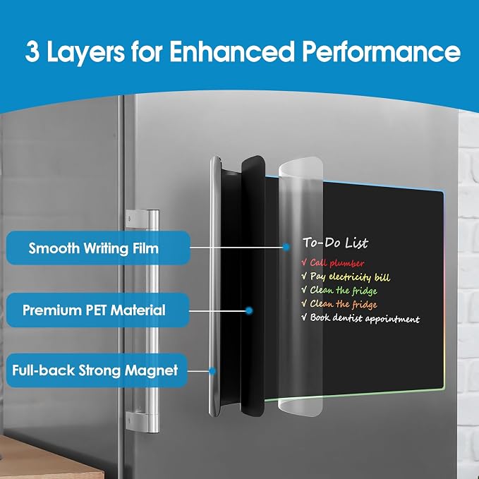 MaxGear Magnetic Whiteboard for Fridge 12x8 Black 5 Pack | Strong Magnet, Dry Erase, Reusable, Easy Clean, Stain Resistant, Meal Planner, Grocery List, Family Notes, Kitchen Organizer