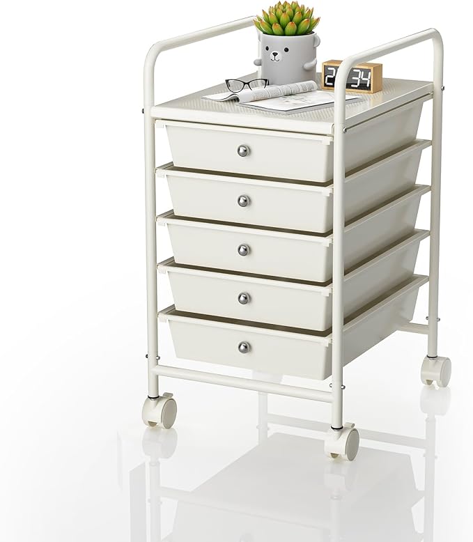Rolling Storage Cart with Drawers 5-Tier Lock Wheels Office White | Utility Cart with 5 Drawers & 2 Lockable Caster, Multipurpose Mobile Drawer Cart for School Bathroom Kitchen