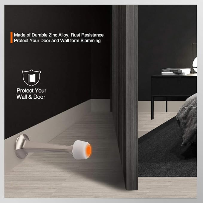 6 Pack Solid Rigid Door Stops - Heavy Duty Door Stoppers Wall Protector with Soft Rubber Tips, Satin Nickel