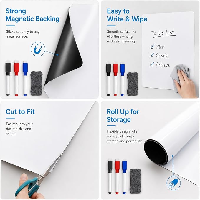Magnetic Dry Erase Whiteboard 8"x12" for Fridge | Dry erase white board for fridge set with markers, eraser & magnets. Magnetic sheet sticks to fridge whiteboard