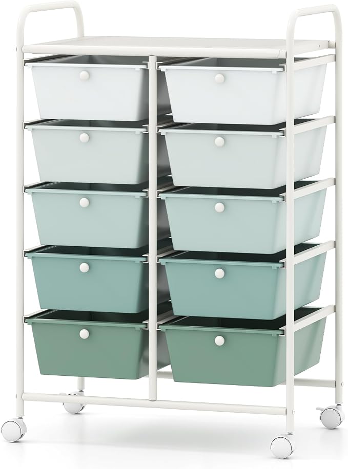 BECOMFORT 10-Drawer Rolling Cart with Drawers, Storage Cart on Wheels, Teacher Classroom Organizers with Metal Frame, Mobile Craft Cart, Trolley Utility Cart for School Office Play Room