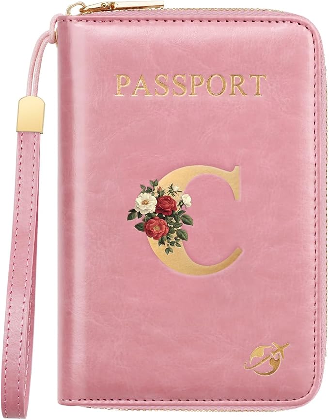 Passport Holder for Travel Personalized Wallet with Wristlet Women | All-in-One Passport Cover, RFID Blocking, Back Coin Pocket, Paper Money Slot, Zipper Closure, Roses Initial Letter, Pink C