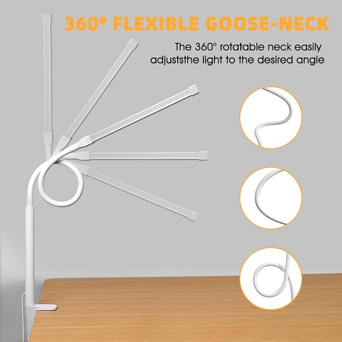LED Desk Lamp with Clamp, Clip on Lights for Home Office, White | 3 Modes 10 Brightness, Long Flexible Goose-Neck, Eye-Caring, Memory Function, Energy Efficient, USB Adapter, Metal