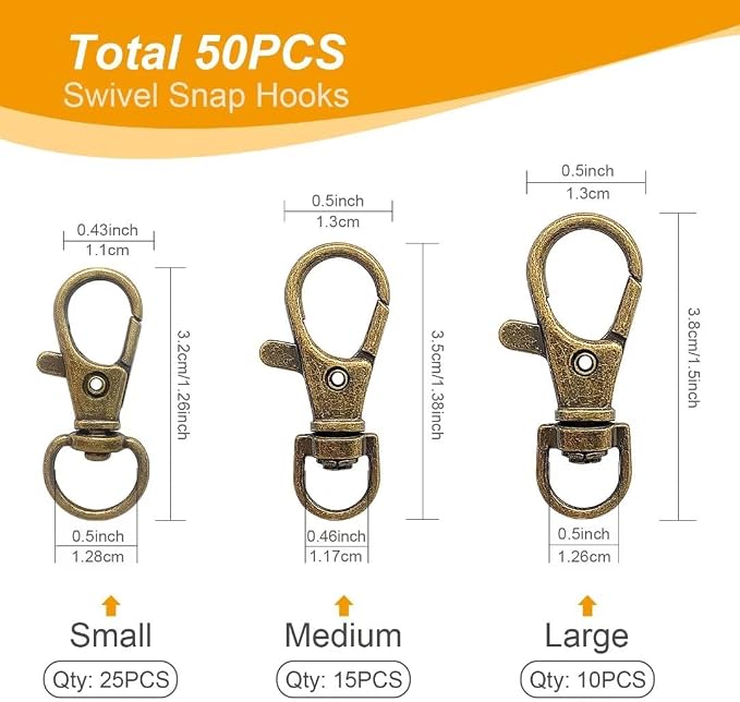 100PCS Swivel Snap Hooks with Key Rings, Premium Metal Swivel Lobster Claw Clasps Assorted Sizes (Large, Medium, Small) for Keychain Clip Lanyard, Jewelry Making, Crafts, Bronze